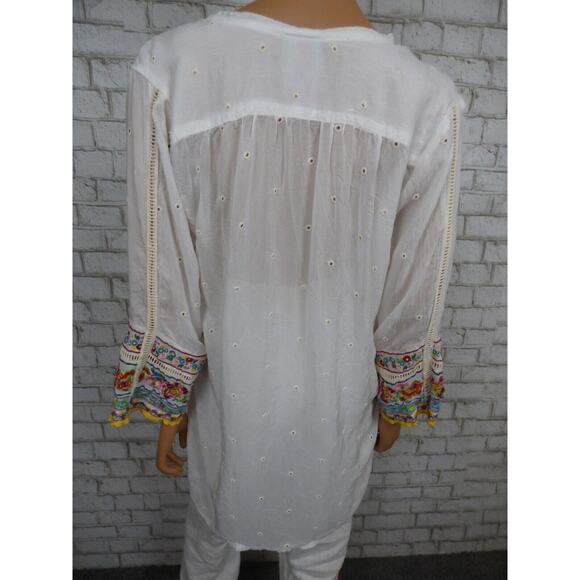$295 Johnny Was Patchwork Sleeve Eyelet White Embroidered Tunic Small NEW - Picture 10 of 15